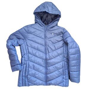 U.S. Polo Assn. Blue Hooded Puffer Jacket – Women’s Size L, Faux Fur Lining